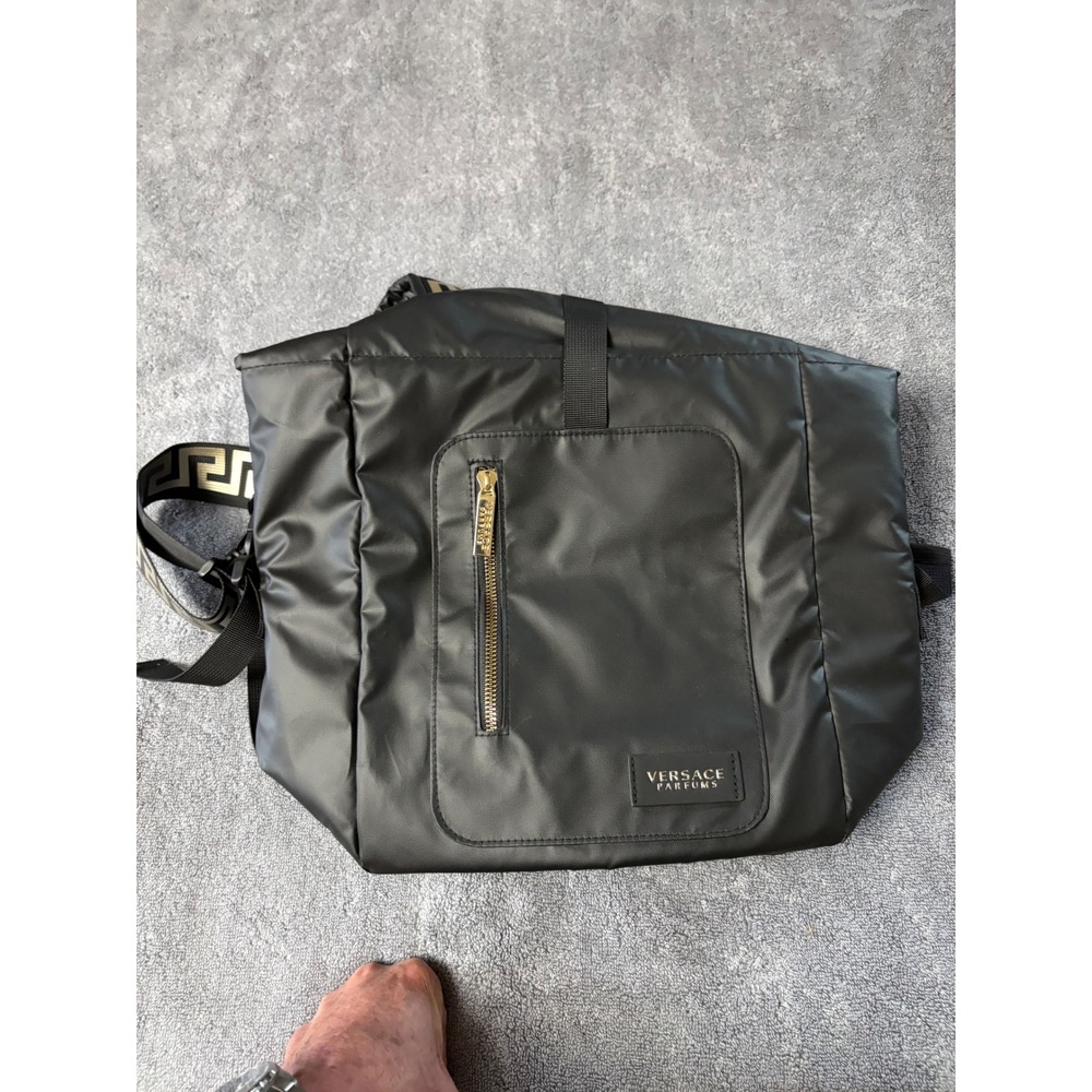Versace Parfums Black Nylon Backpack Tote Bag Gold Greca Key Straps Convertible